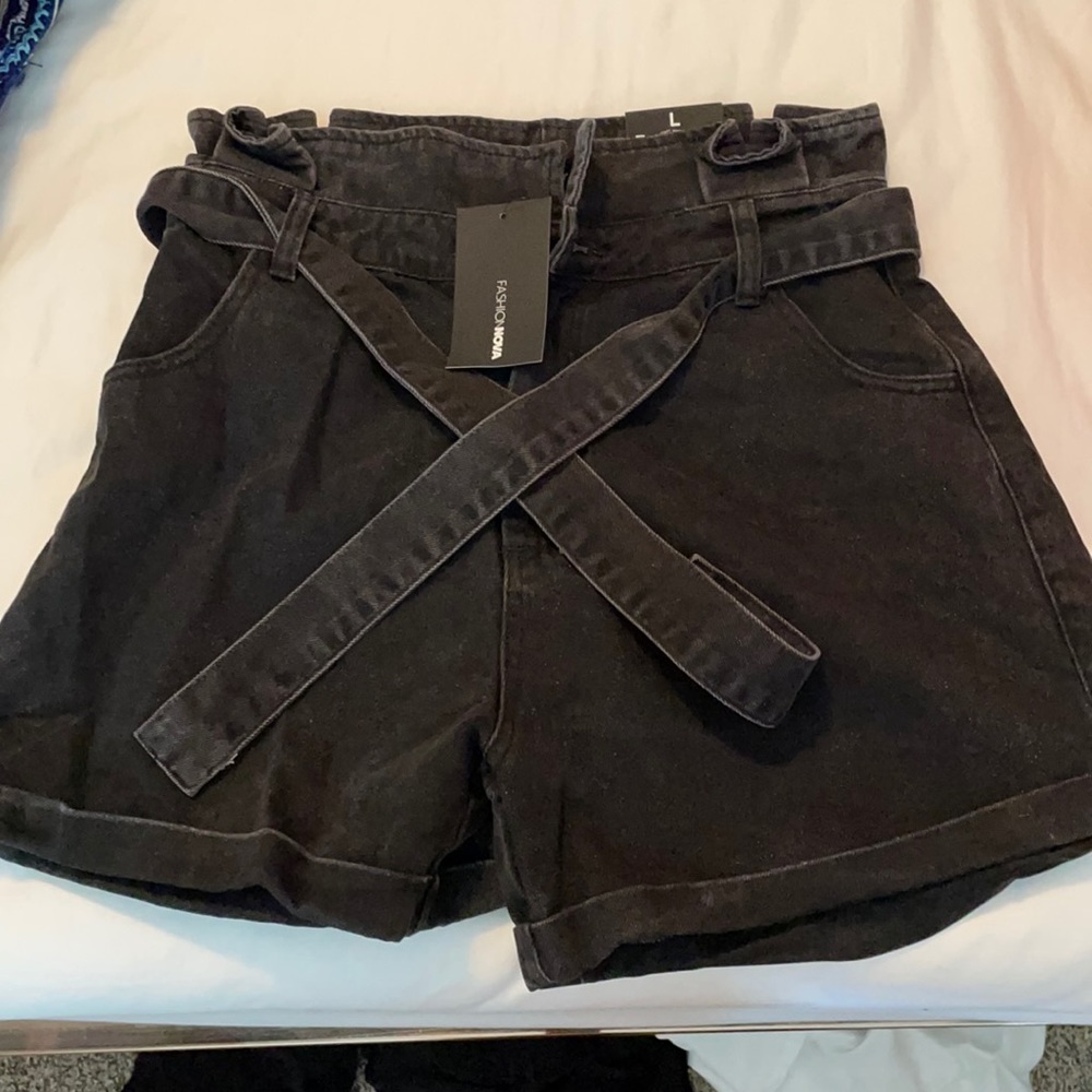 Black paper bag denim shorts